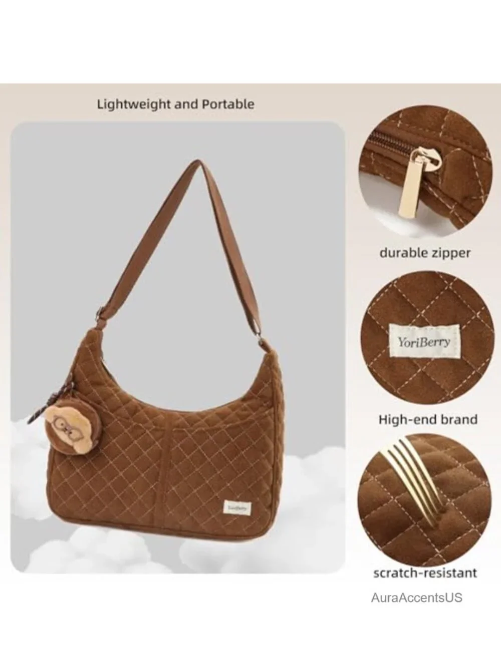 Quilted Hobo Shoulder Bag Crossbody Purse with Adjustable Strap and Multiple